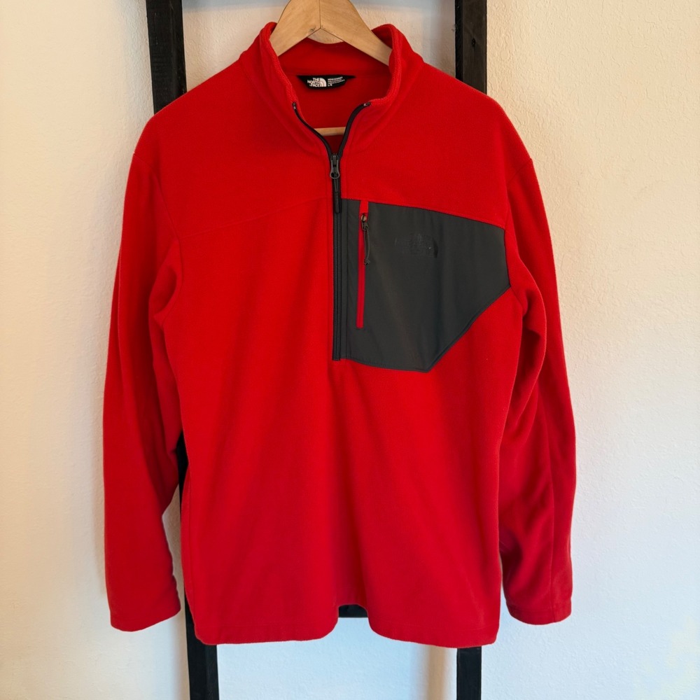 North Face Mens Red Fleece Quarter Zip Pullover Jacket Grey Pocket Large